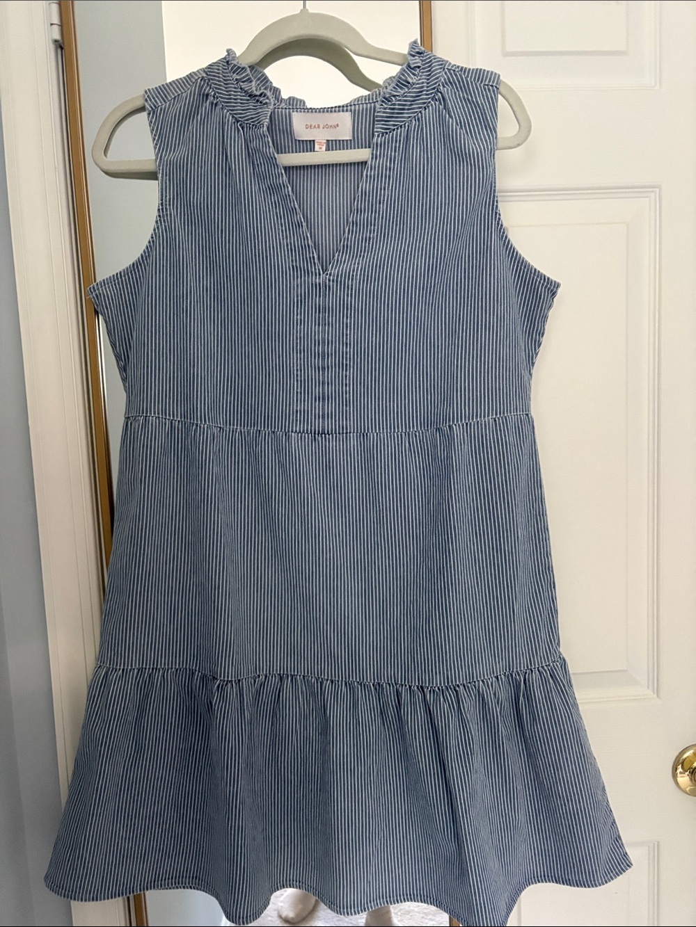 Dear John Blue and White Pinstriped Sleeveless Tiered Dress